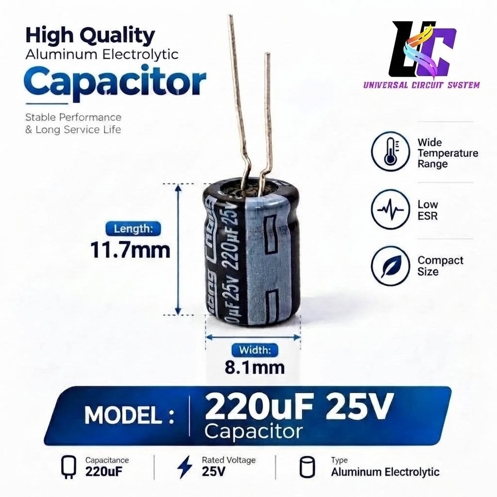 220uF 25V Aluminum Electrolytic Capacitor (11.7mm x 8.1mm)
